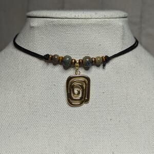 Abstract Swirl Charm Ceramic Beaded Gold Green Blue Boho Hippie Choker Necklace